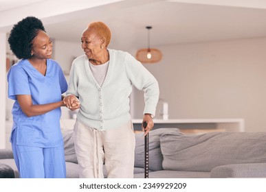 Nurse, holding hands and senior black woman with walking stick, help or smile in home. Caregiver, support and elderly patient with a disability, cane and kindness in assistance, empathy or healthcare - Powered by Shutterstock