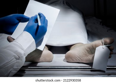 The nurse identify the human corpse covered with a sheet and name tag on toe in the morgue - Shutterstock ID 2122930358