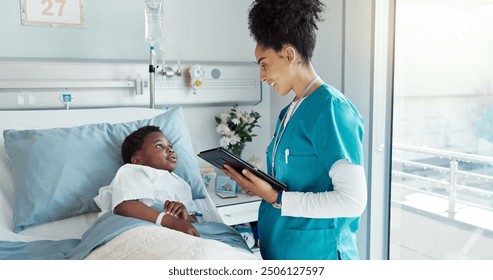 Nurse, kid and patient on tablet with smile at hospital for test results, good news and feedback. People, happy and satisfied with recovery on illness or disease with care, support and love in bed - Powered by Shutterstock