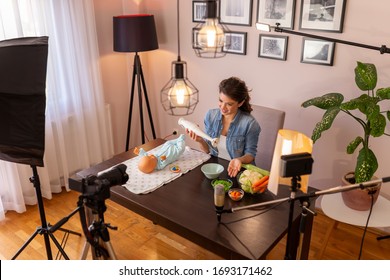 Nurse Making Video About Introducing Soft Food To Baby Nutrition And Preparing Fresh Fruit And Vegetable Porridges Using Stick Mixer As Part Of Online Prenatal Classes Course