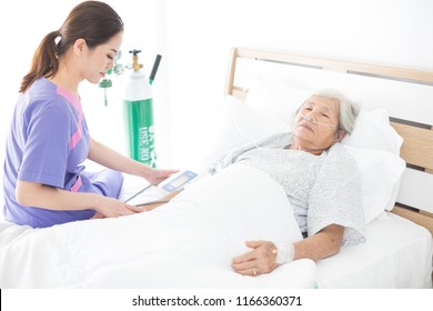 Nurse Measure Blood Pressure Old Asian Patient , Elderly Health Check Up , Palliative Care