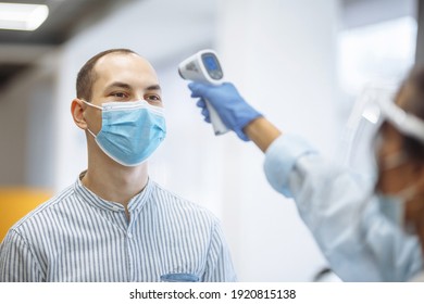 Nurse Measures Temperature Patient Hospital Visitor Stock Photo ...