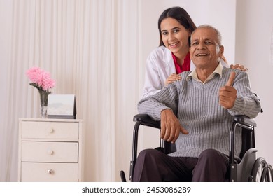 Nurse moving senior man sitting on wheel chair - Powered by Shutterstock