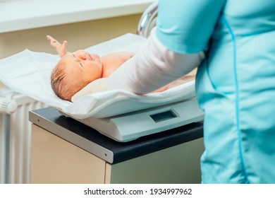 Nurse With Newborn Baby In Postpartum Ward. Medical Staff Caring, Weighing A Newborn Baby On Scales In Prenatal Hospital.