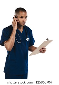 Nurse On A Cell Phone And Holding A Clipboard With White Background