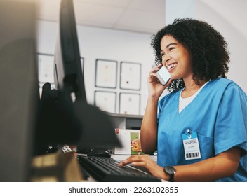 Nurse, phone and black woman call with happiness at office with mobile connection. Clinic, healthcare worker and networking of a young person happy about work conversation and health insurance talk - Powered by Shutterstock