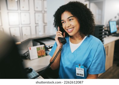 Nurse, phone call and black woman with happiness at doctor office with a smile. Clinic, healthcare worker and networking of a young person happy about work conversation and health insurance talk - Powered by Shutterstock