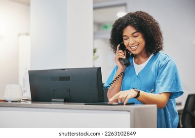 Nurse, phone call and tablet of black woman at hospital with a smile. Clinic doctor, healthcare worker and networking of a young person happy about work conversation and health insurance talk - Powered by Shutterstock