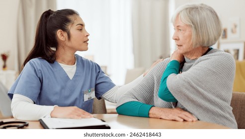 Nurse, physiotherapy and senior woman for home support, back pain check and physical therapy exam. Retirement nursing, physiotherapist and medical doctor with elderly patient for support and empathy - Powered by Shutterstock