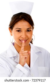 Nurse portrait asking for silence - isolated over a white background