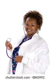 Nurse practitioner in white coat holding a stethoscope.