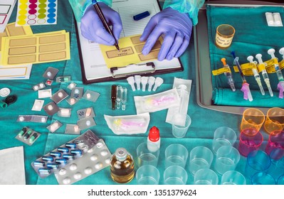 Nurse preparing hospital medication, placing dose medicine in glass monodose, conceptual image, horizontal composition - Powered by Shutterstock