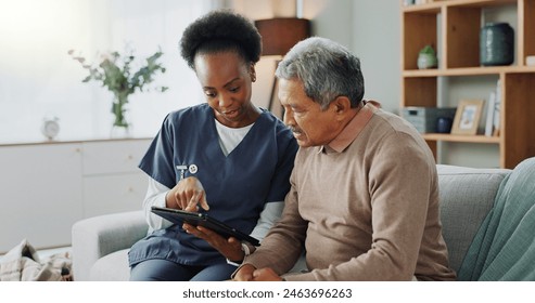 Nurse, senior and discussion with tablet on sofa for healthcare, communication or consultation at home. Woman or medical caregiver helping and talking to elderly male person on technology for advice - Powered by Shutterstock