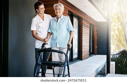 Nurse, senior woman and help on walker for support, rehabilitation or medical healthcare outdoor. Happy caregiver, walking frame and person with disability at retirement home for recovery or wellness - Powered by Shutterstock