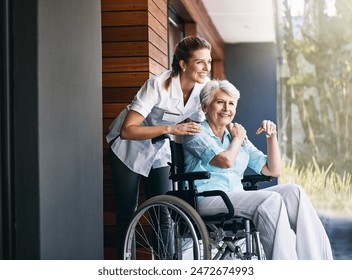 Nurse, senior woman and support on wheelchair for help or rehabilitation of medical healthcare patient. Happy caregiver, retirement and person with disability at home for recovery or care outdoor - Powered by Shutterstock