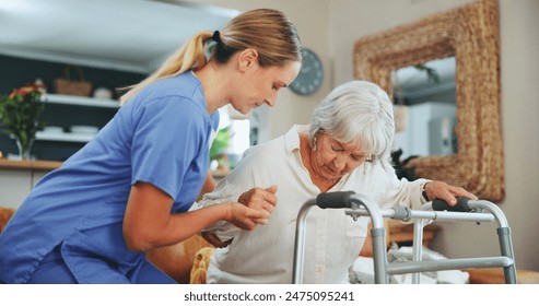 Nurse, senior woman and walking frame with balance, recovery and mobility exercise in house. Elderly patient, steps and rehabilitation for injury, stroke or osteoporosis with healing in nursing home - Powered by Shutterstock