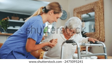 Nurse, senior woman and walking frame with balance, recovery and mobility exercise in house. Elderly patient, steps and rehabilitation for injury, stroke or osteoporosis with healing in nursing home