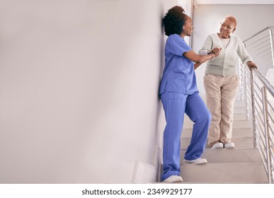 Nurse, stairs and help senior woman, holding hands and assistance in home. Caregiver, steps and elderly African patient walking down, support of person with a disability and happiness in healthcare - Powered by Shutterstock