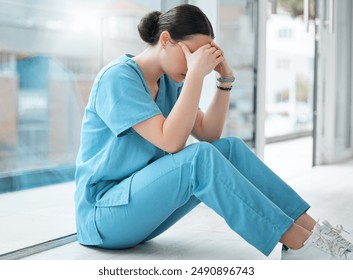 Nurse, stress and depression in hospital with sad news for healthcare crisis, mistake and medical fail. Woman, headache and mental health with pain for burnout, anxiety or busy schedule in clinic - Powered by Shutterstock