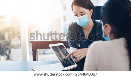 Nurse, tablet or patient with spine x ray for consultation, results or exam at hospital. Woman, doctor or face mask with technology, client or screen of MRI or ct scan for medical diagnosis at clinic