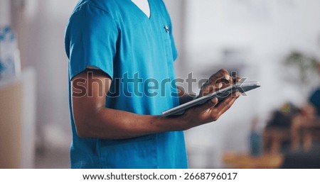 Nurse, tablet and scroll with hands of man in hospital for patient history, symptoms chart or healthcare checklist. Doctor referral, treatment plan or medical report with person for test results