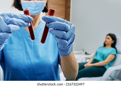 Nurse Taking Blood For Allergen Testing By Collecting Blood In Test Tubes At Laboratory. Blood Test For Allergies