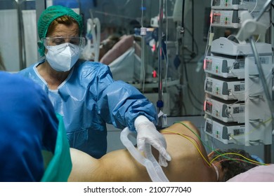 A Nurse Treats A Patient At The Intensive Care Unit (ICU) Of The Sotiria Hospital, Amid The Coronavirus Disease (COVID-19) Pandemic, In Athens, Greece, November 17, 2021