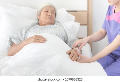 Nurse Use Hand Screening Vital Sign Of Old Asian Patient , Elderly Health Check Up , Palliative Care