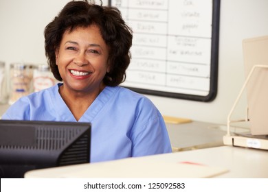 Nurse Using Computer At Nurses Station