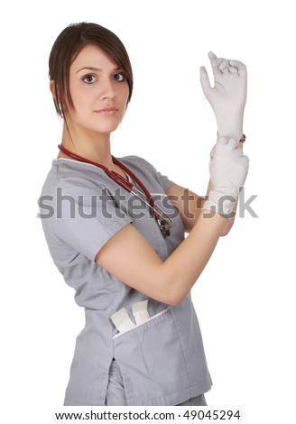 Nurse wearing latex gloves, white background