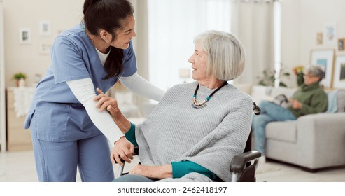 Nurse, wheelchair and happy woman for support, healthcare service and medical kindness and nursing. Doctor, caregiver and people talking or senior patient with disability, consulting or home helping - Powered by Shutterstock