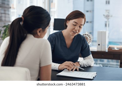 Nurse, woman and clipboard or patient for healthcare with discussion, medical history and checklist in hospital office. Consultation, expert and questions for health insurance, treatment and checkup - Powered by Shutterstock