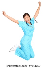 Nurse Woman Excited, Happy And Jumping. Female Nurse Or Young Medical Professional / Student Jumping Of Joy. Isolated On White Background.