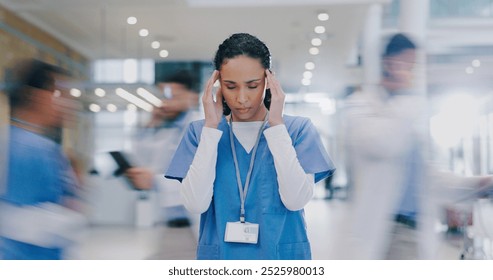 Nurse, woman and headache in hospital with stress of medical mistake, overworked and burnout. Motion blur, healthcare worker and migraine in busy clinic with fatigue, crisis and frustrated for chaos - Powered by Shutterstock