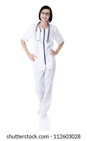 Nurse Or Young Doctor Standing Smiling. Isolated On White Background. Full Body