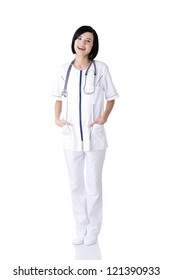 Nurse Or Young Doctor Standing Smiling. Isolated On White Background. Full Body