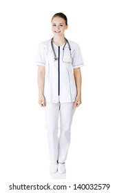 Nurse Or Young Doctor Standing Smiling. Isolated On White Background. Full Body