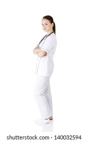 Nurse Or Young Doctor Standing Smiling. Isolated On White Background. Full Body