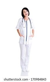 Nurse Or Young Doctor Standing Smiling. Isolated On White Background. Full Body 