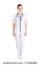 Nurse Or Young Doctor Standing Smiling. Isolated On White Background. Full Body 