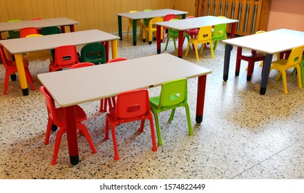 Nursery School Refectory Without Children With Colorful Chairs And Small Tables