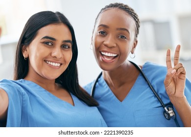 Nurses, Medical Students And Women Taking Selfie For Social Media, Collaboration Or Healthcare Commitment In Hospital. Happy, Portrait And Diversity Clinic Doctors On Internship Taking Photo Together