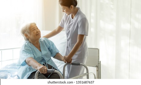 the nurses are well good taken care of elderly patients in hospital bed patients  feel happiness - medical and healthcare concept