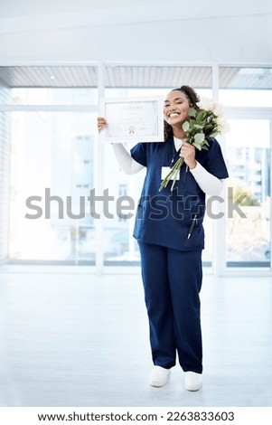 Nursing, celebration and black woman graduate with smile, flowers and ADN certificate at hospital. Healthcare, education and nurse at graduation, happy scholarship qualification and academic award.