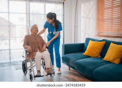 nursing home assistance in health insurance business concept, asian woman doctor or nurse caregiver support health care to elderly senior patient person, caretaker in medicals care recovery service - Powered by Shutterstock