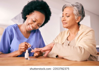 Nursing home, manicure and a caregiver with a senior woman for a grooming or beauty treatment. Happy, spa and an African nurse with nail polish for a patient in a house for painting nails together - Powered by Shutterstock