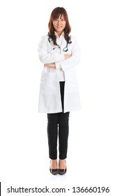 Nursing Student Standing Isolated. Full Body Young Asian Nurse Or Medical Student Standing Isolated In Full Length Wearing Lab Coat.