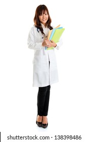 Nursing Student Standing Isolated. Full Body Young Asian Nurse Or Medical Student Holding File Folder Standing Isolated In Full Length Wearing Lab Coat.