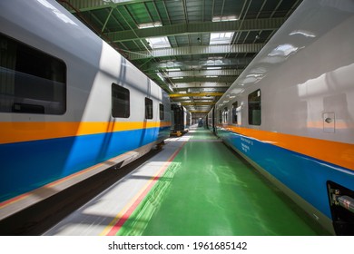 Nur-Sultan, Kazakhstan - 26 May, 2012: Locomotive-building Plant. Manufacturing Of Tulpar-Talgo High-speed Train Rail Cars. New Car In Workshop, No People.