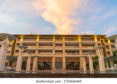 Nusa dua / Bali, Indonesia - December 17, 2019 : Magnificent hotel buildings and sunset clouds, Bali - Indonesia
